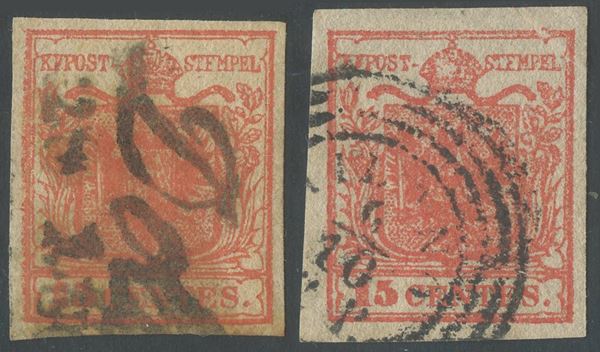 Lombardo Veneto - 15 cent. I tipo, due interessanti tonalità 