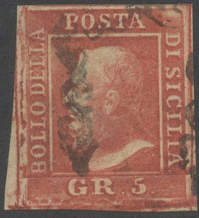 Sicilia, 5 gr. Rosa vermiglio n.9e, posizione 41, 1859