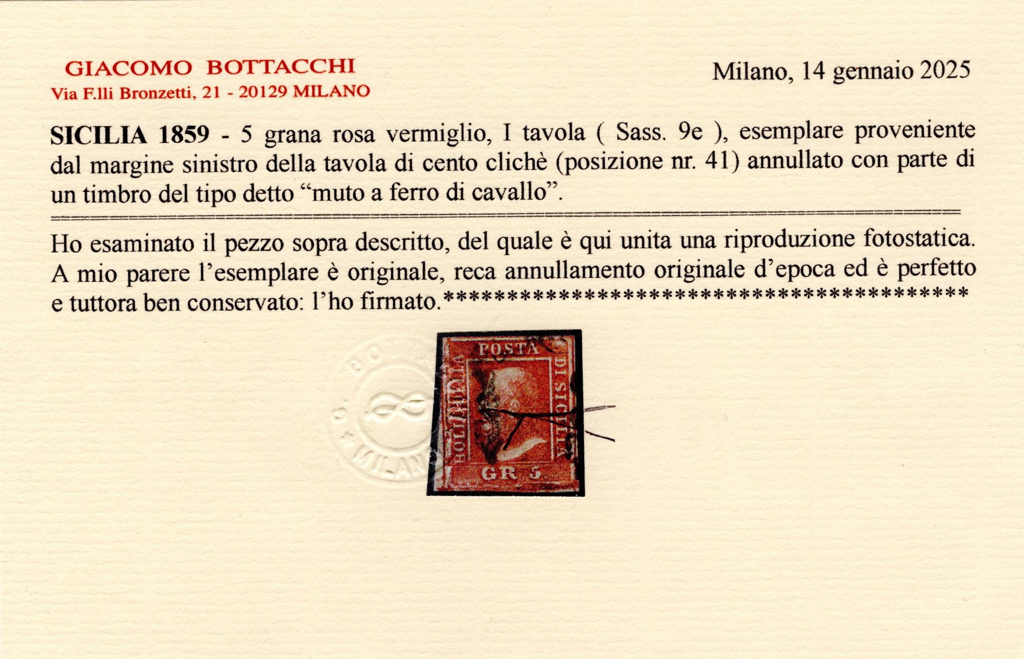 Sicilia, 5 gr. Rosa vermiglio n.9e, posizione 41, 1859