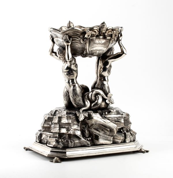 Marcello Mortet - italian solid silver sculpture depicting the fountain of the two tritons, known as the ‘Bizzaccheri’ fountain