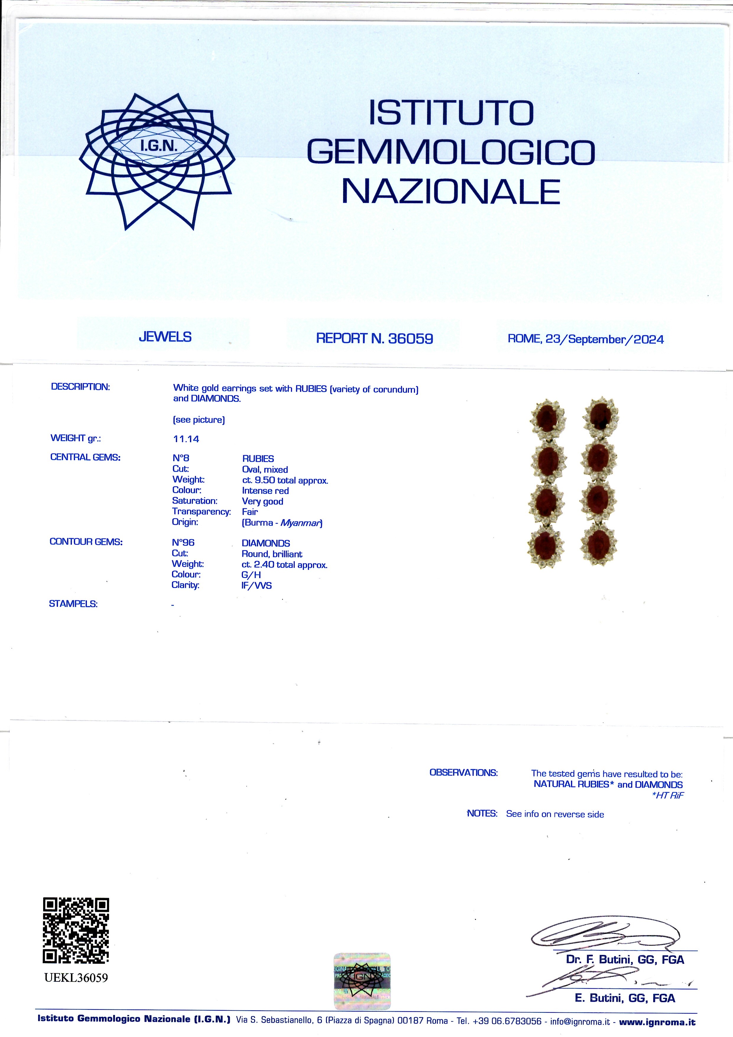Paio di orecchini pendenti in oro con rubini e diamanti