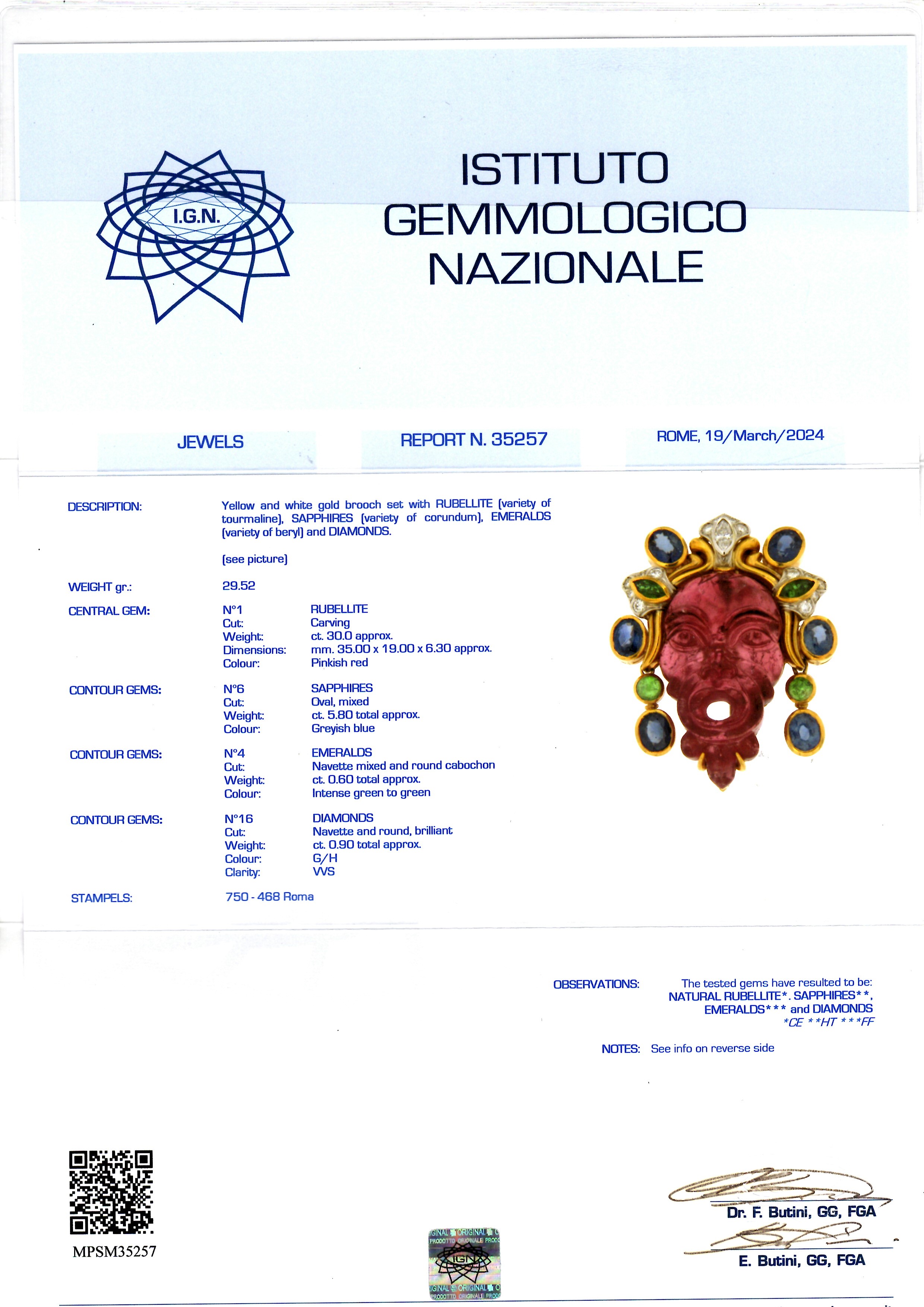 Spilla in oro, rubellite, zaffiri, smeraldi e diamanti