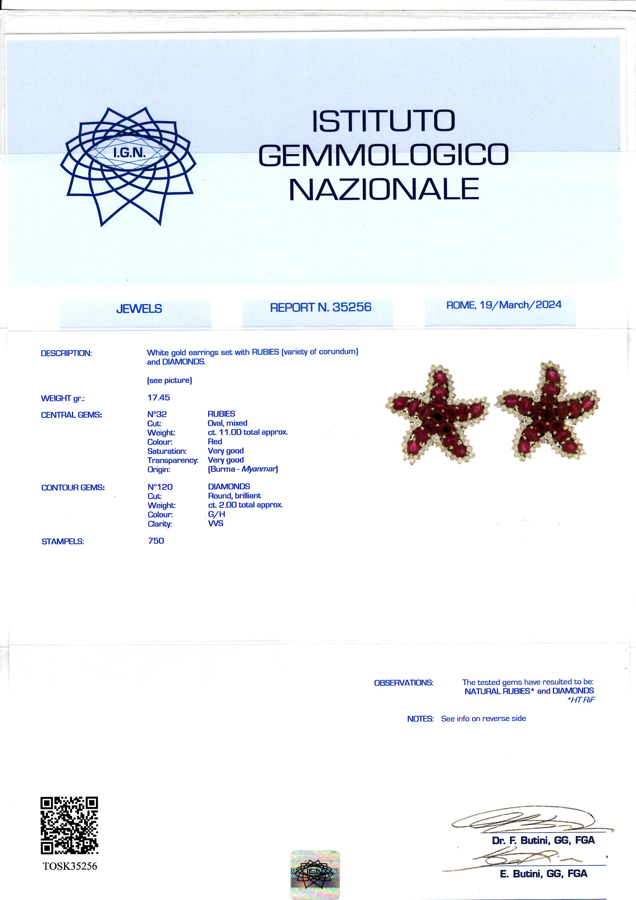 Paio di orecchini a motivo di stella marina in oro, rubini e diamanti