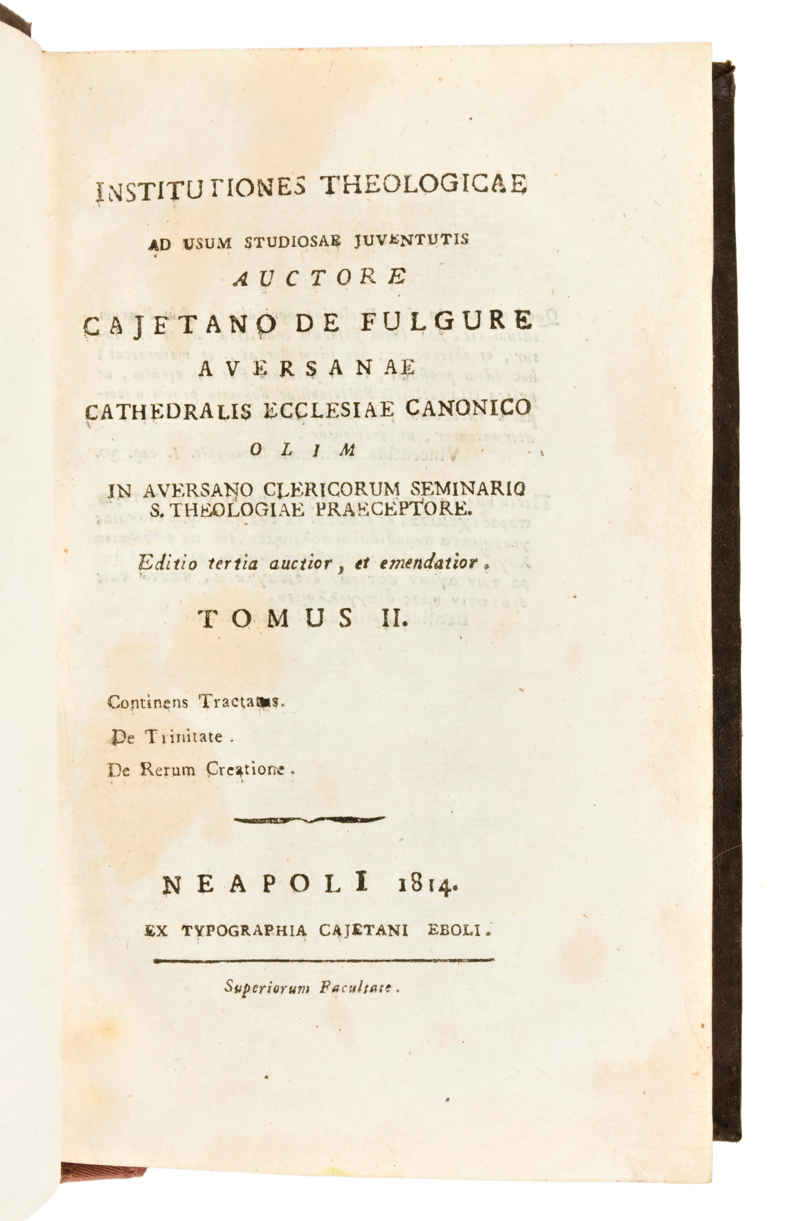 [legatura alle Armi] De Folgore, Gaetano : Institutiones Theologicae Ad Usum Studiosae Juventutis...