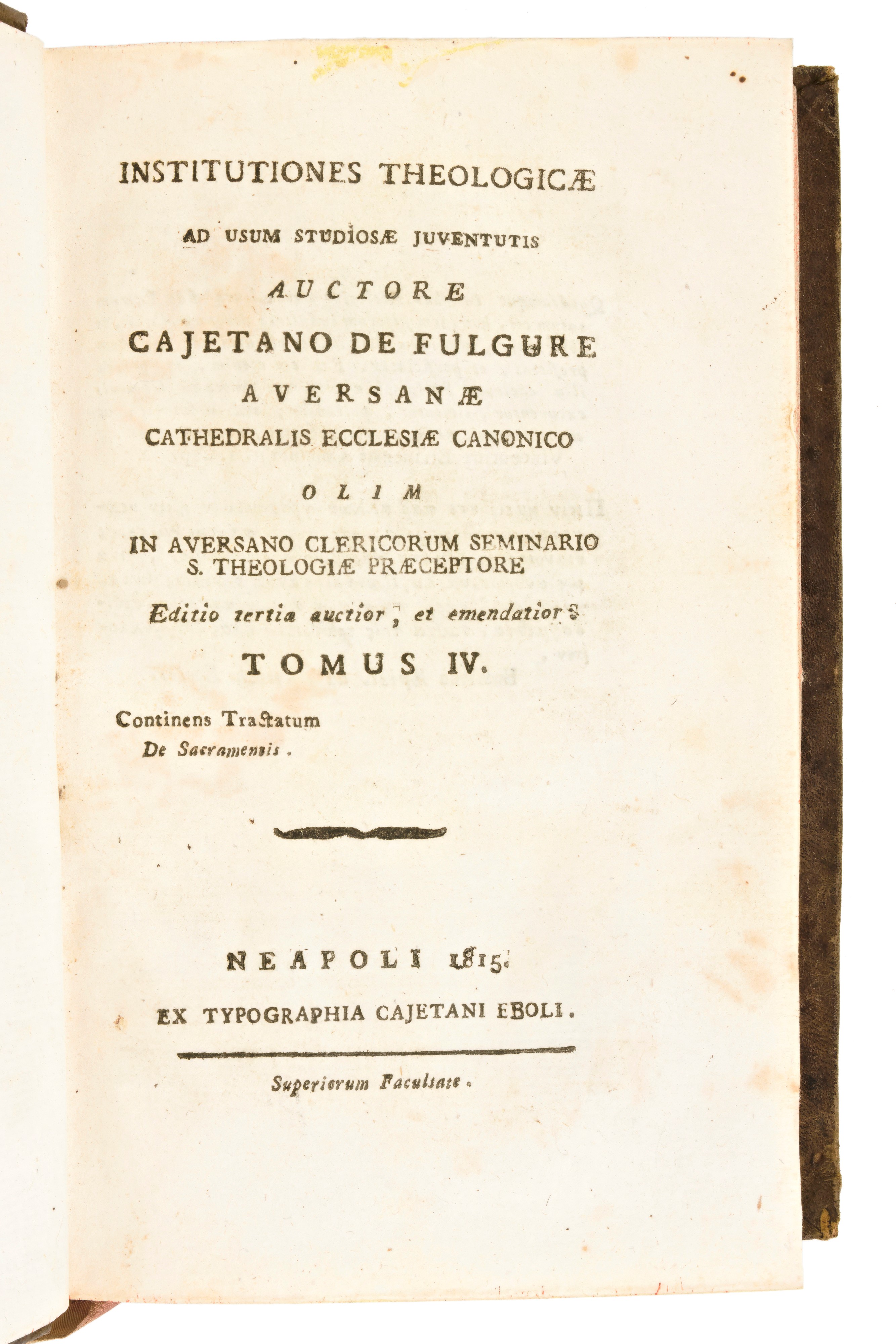 [legatura alle Armi] De Folgore, Gaetano : Institutiones Theologicae Ad Usum Studiosae Juventutis...