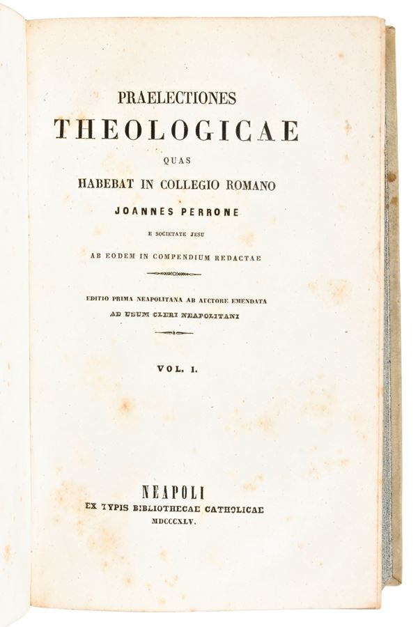 [Legatura alle armi] Perrone, Joannes : Praelectiones Theologicae quas habebat in Collegio Romano Joannes Perrone e Societate Jesu ab eodem in compendium redactae. Neapoli, 1845. Completo, 4 parti in 2 volumi.