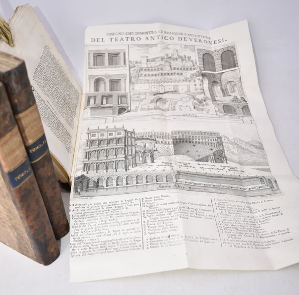 Zagata, Pietro / Biancolini, G.B. CRONICA DELLA CITTÀ DI VERONA DESCRITTA DA PIER ZAGATA; AMPLIATA, E SUPPLITA DA GIAMBATISTA BIANCOLINI. ANNESSOVI UN TRATTATO DELLA MONETA ANTICA VERONESE EC. INSIEME CON ALTRE UTILI COSE TRATTE DAGLI STATUTI DELLA CITTA' MEDESIMA. AL NOBILE SIGNOR DIONISIO NICHESOLA PATRIZIO VERONESE. PARTE PRIMA E SECONDA. Verona, 1745-1749, per Dionisio Ramanzini librajo a San Tomio.