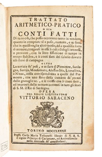 [matematica] Saraceno, Vittorio : Trattato Aritmetico - Pratico o Sia Conti Fatti di Tutto CIò, c...