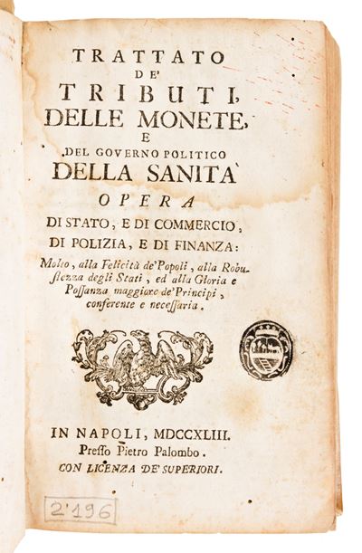 [economia] Broggia, Carlo Antonio : Trattato De' Tributi, delle Monete, e del Governo Politico de...