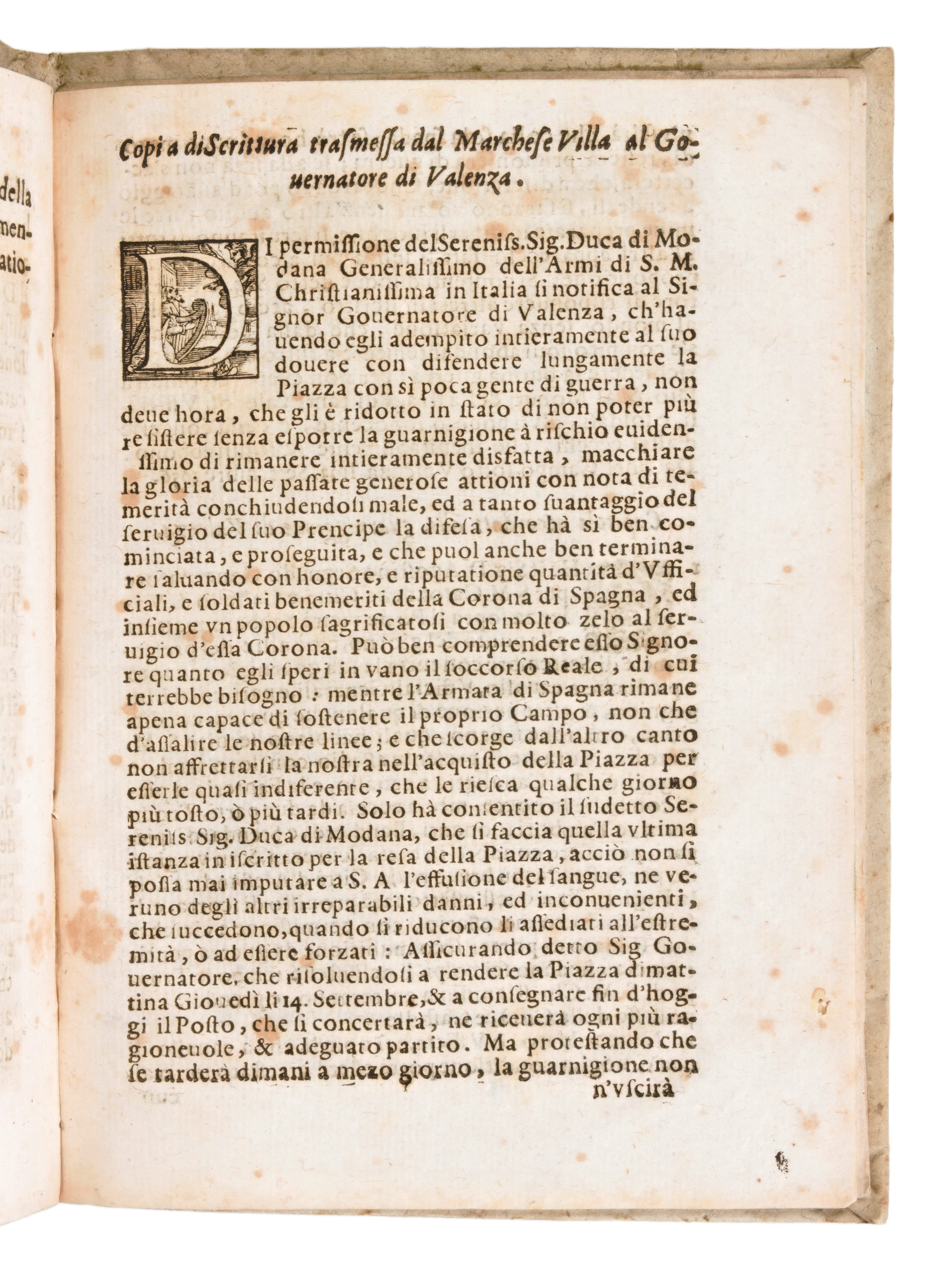 Socini, Antonio : L'assedio di Valenza del Po Dell'anno 1656, Descritto e Già Stampato Senza Data...