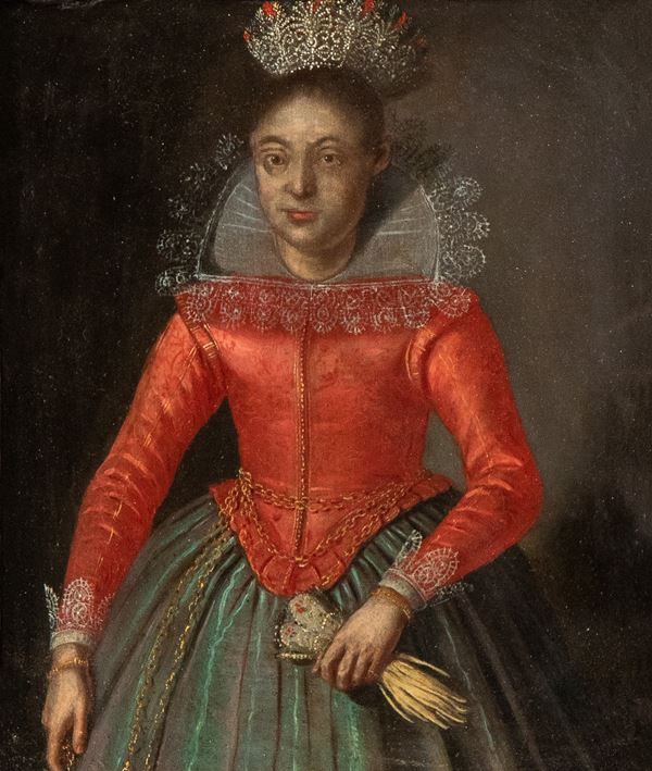 Pittore fiammingo, prima met&#224; del XVII secolo - Portrait of a noblewoman with gloves and a redcoat