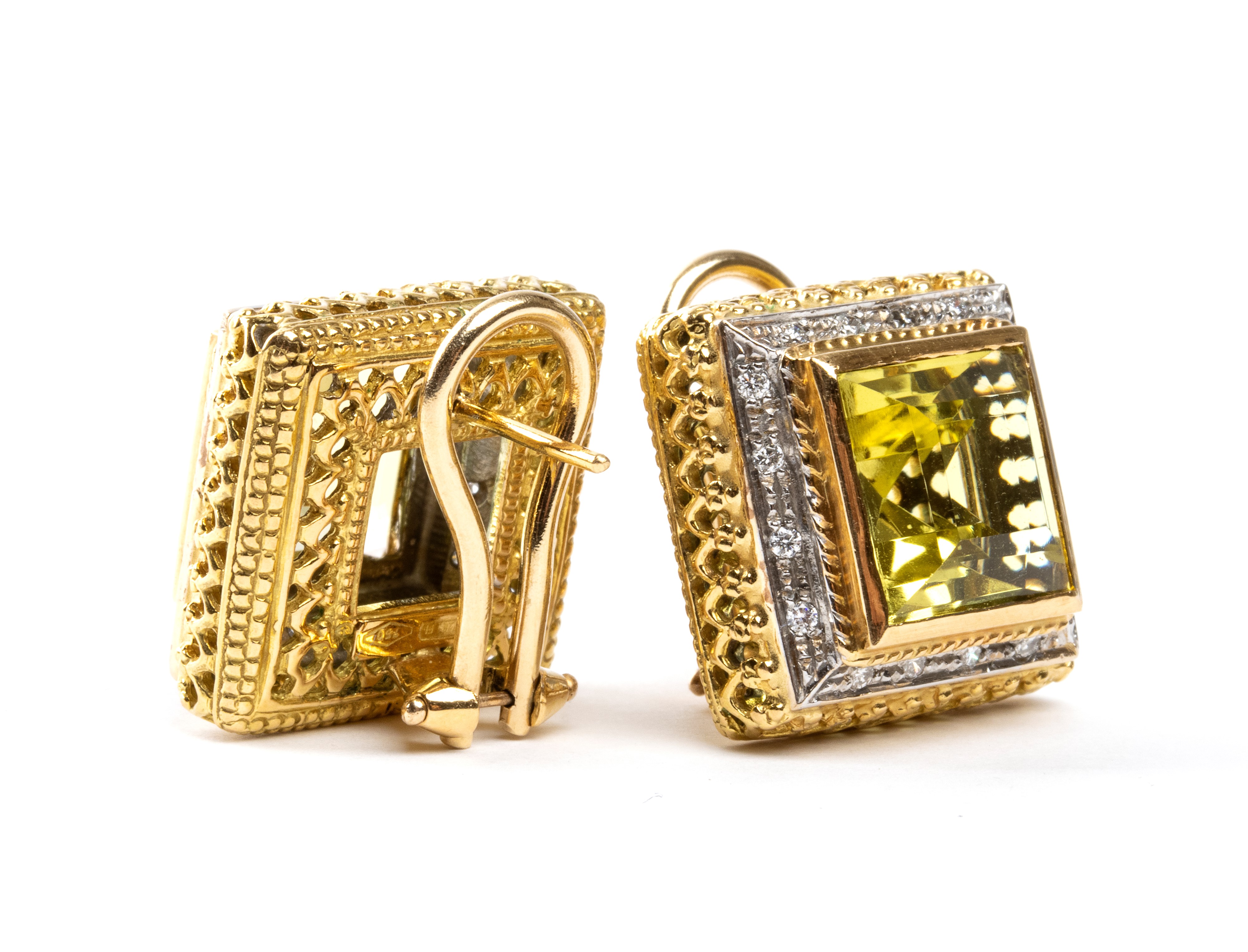 Orecchini in oro 18k con quarzi verdi e diamanti, coppia