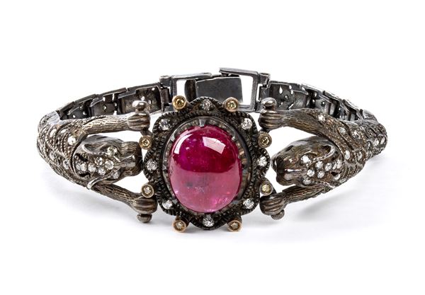 MASSIMILIANO FACCHINI - Silver diamonds and ruby bracelet