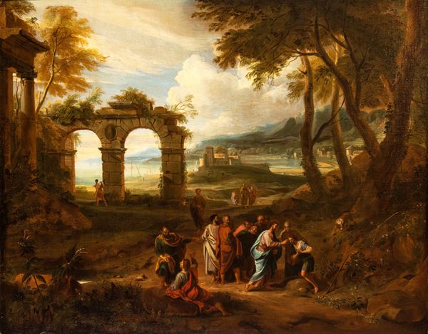 Artista francese attivo a Roma, XVII secolo - Landscape with ruined arches, figures and the Healing of the Blind Man of Jericho