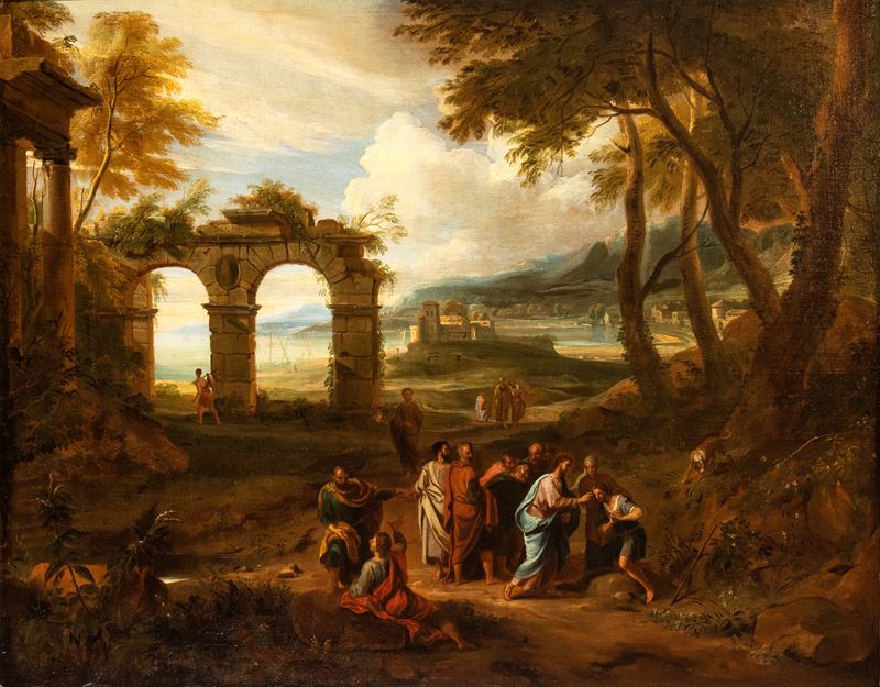 Artista Francese Attivo a Roma, XVII Secolo - Paesaggio con Archi in Rovina, Figure e la Guarigio...