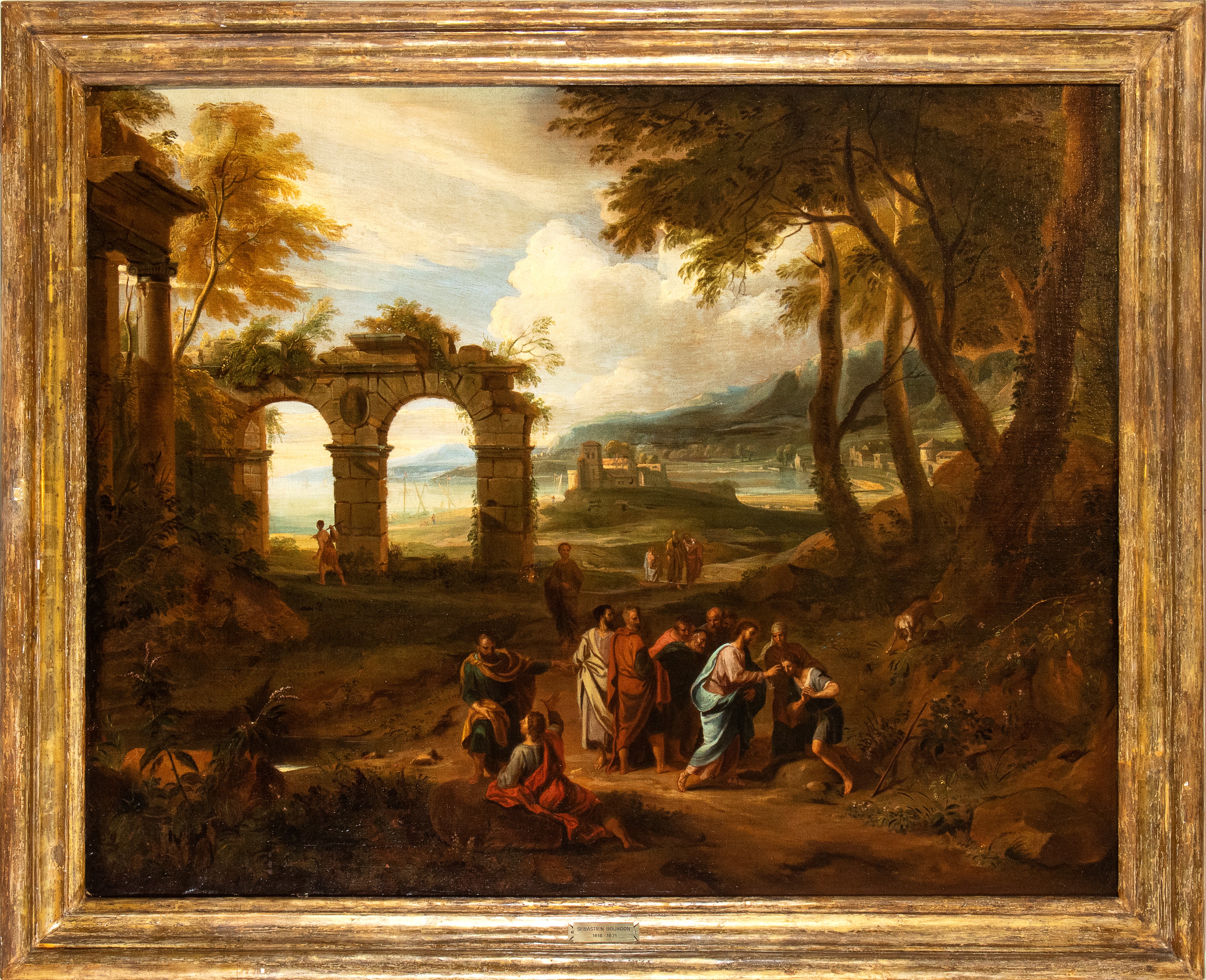 Artista Francese Attivo a Roma, XVII Secolo - Paesaggio con Archi in Rovina, Figure e la Guarigio...