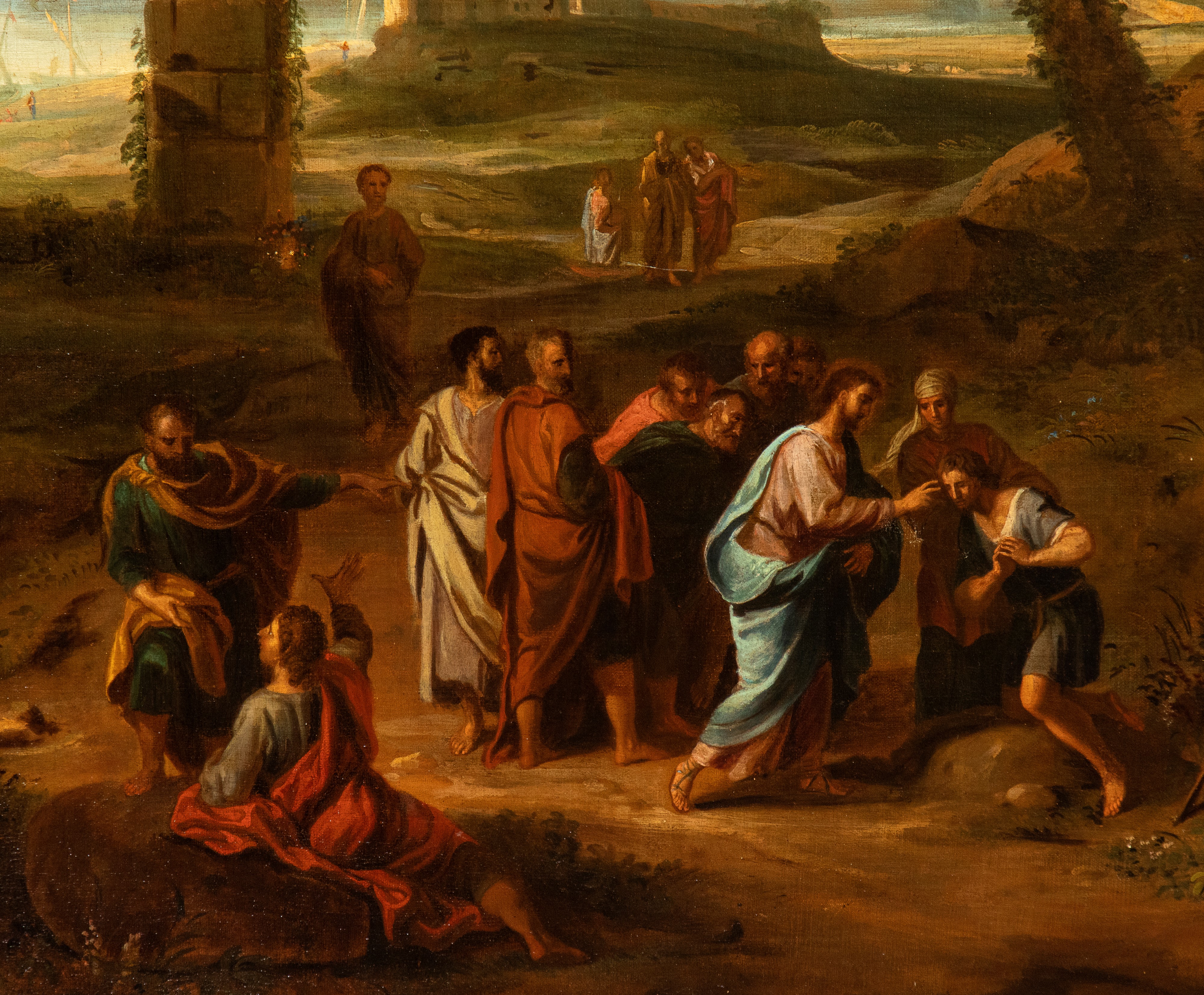 Artista Francese Attivo a Roma, XVII Secolo - Paesaggio con Archi in Rovina, Figure e la Guarigio...