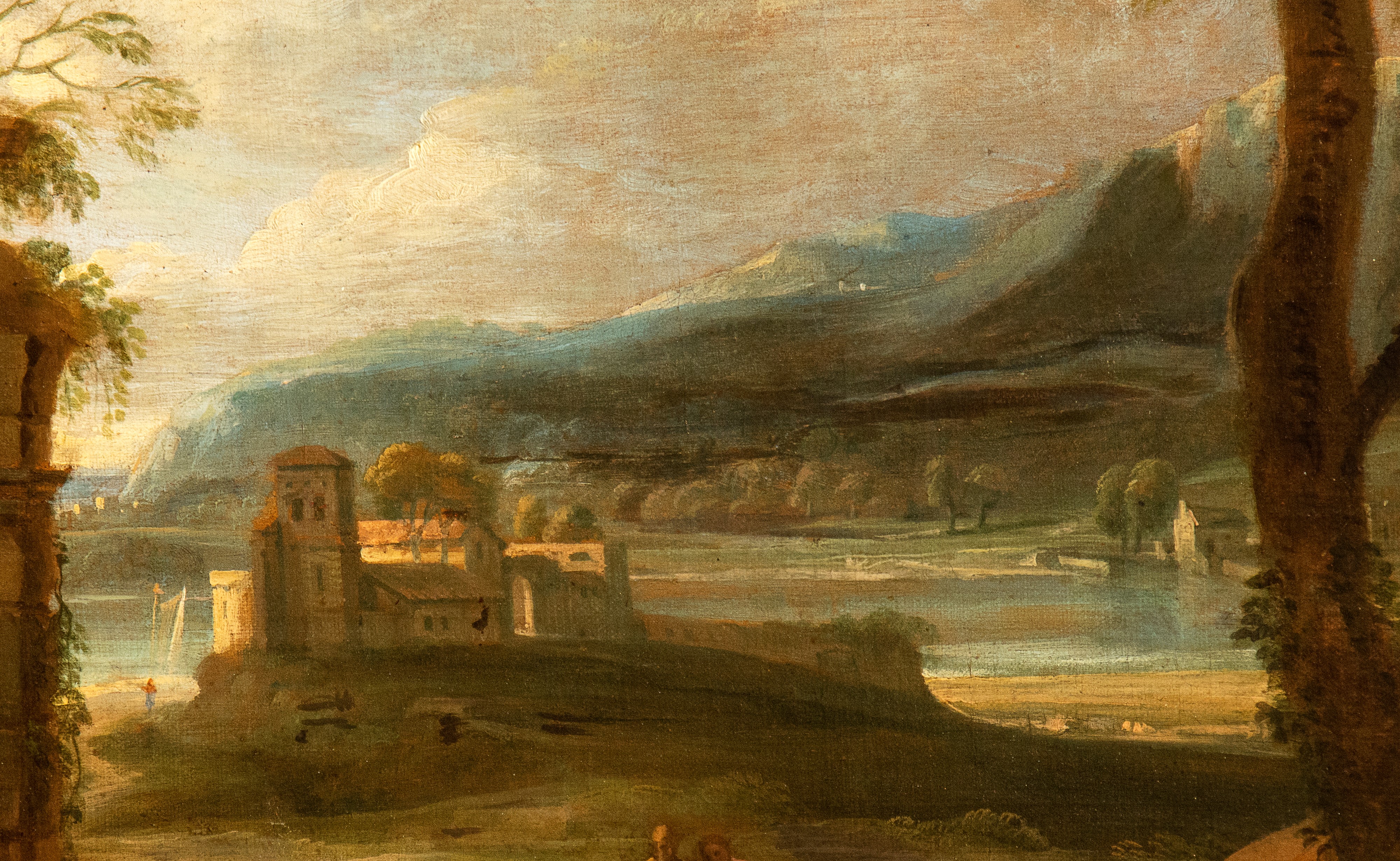Artista Francese Attivo a Roma, XVII Secolo - Paesaggio con Archi in Rovina, Figure e la Guarigio...
