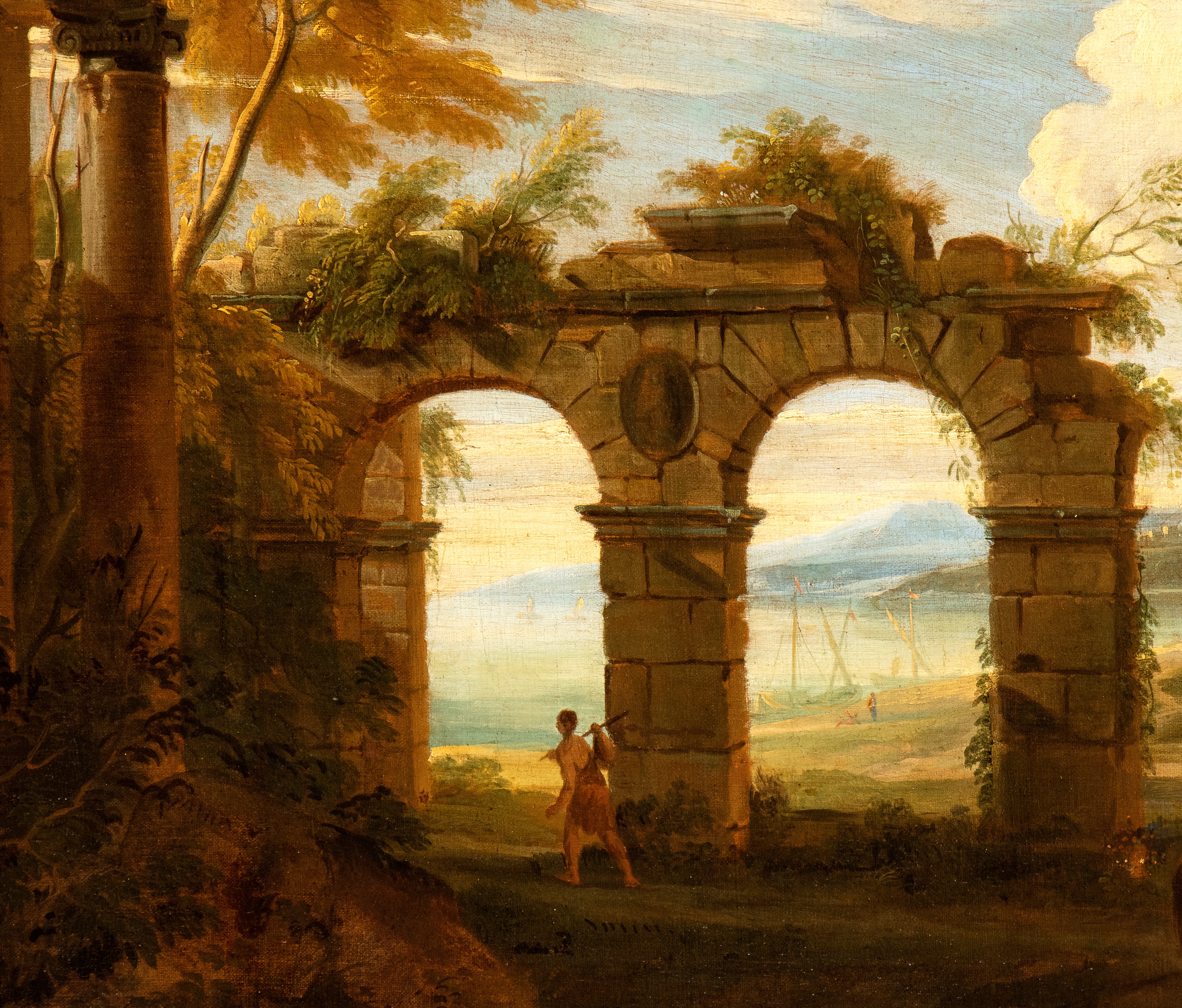 Artista Francese Attivo a Roma, XVII Secolo - Paesaggio con Archi in Rovina, Figure e la Guarigio...