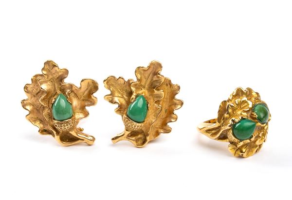 CORELLI - Green stone gold earrings and ring