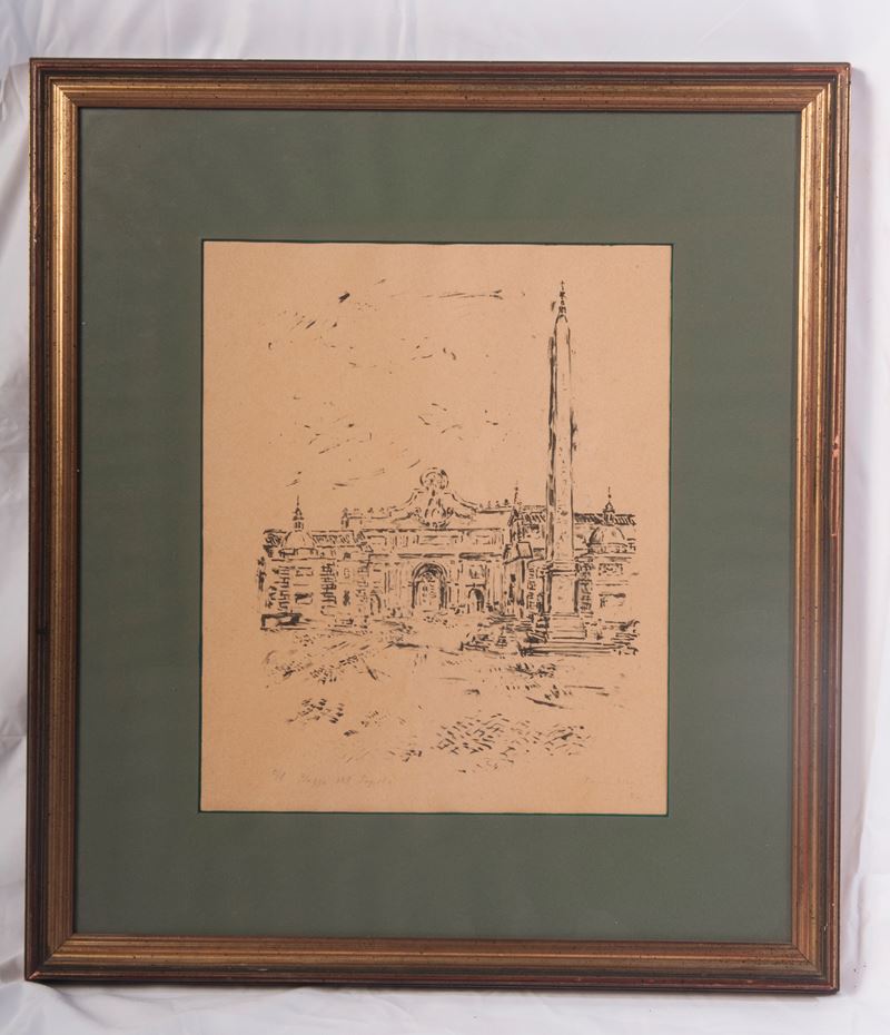 Orfeo Tamburi - Piazza del Popolo, multiplo su carta