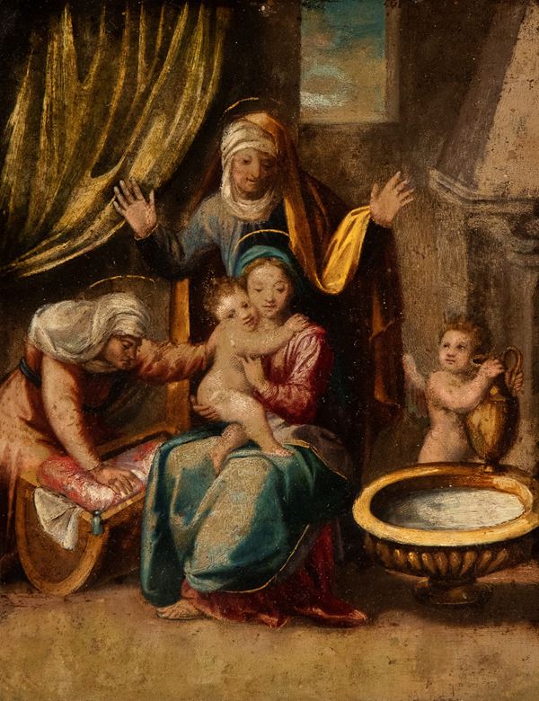 Scuola romana, XVII secolo - Virgin with Child, Saint Elizabeth and Saint Anne