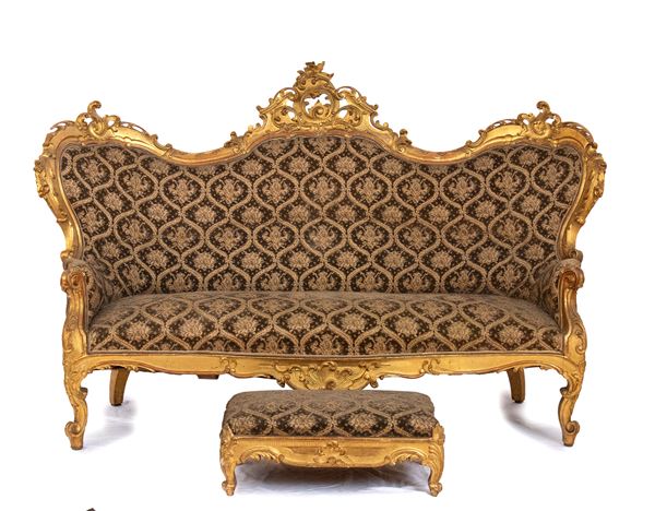 Italian Louis XVI gilded sofa with footstool