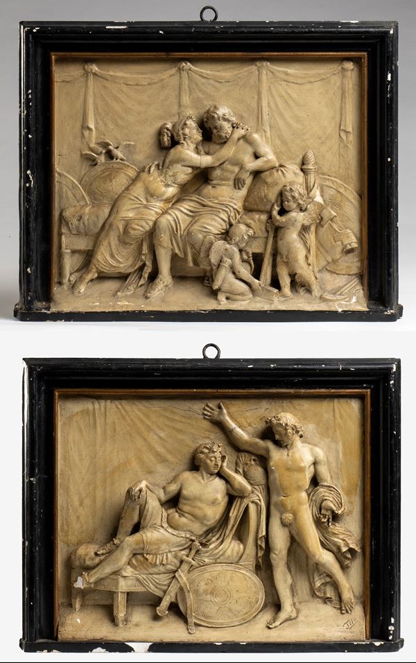 Pair of Italian plaster bas-reliefs with mythological scenes