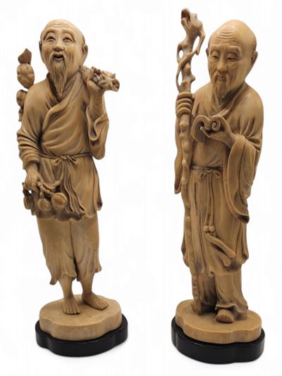 Coppia di sculture cinesi, Saggi confuciani o taoisti, avorio intagliato a tutto tondo