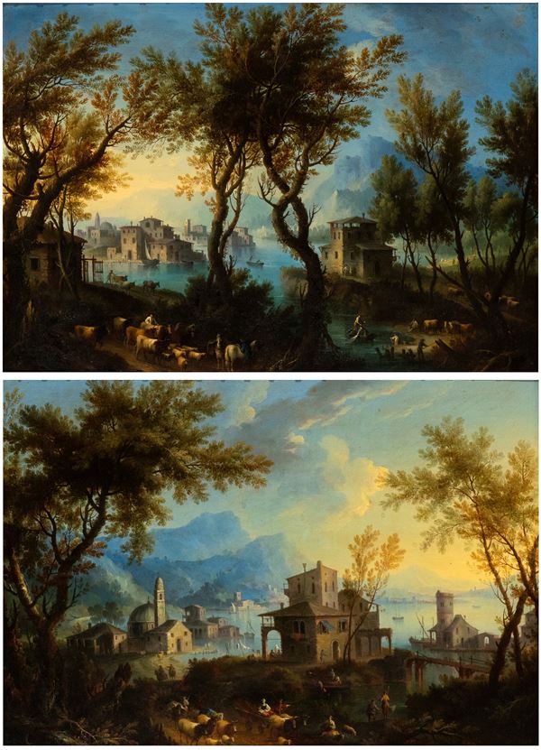 Artista veneto, XVIII secolo - a) Lake landscape with herds and a small town in the background; b) Landscape with village and church on the shores of a lake. Pair of paintings