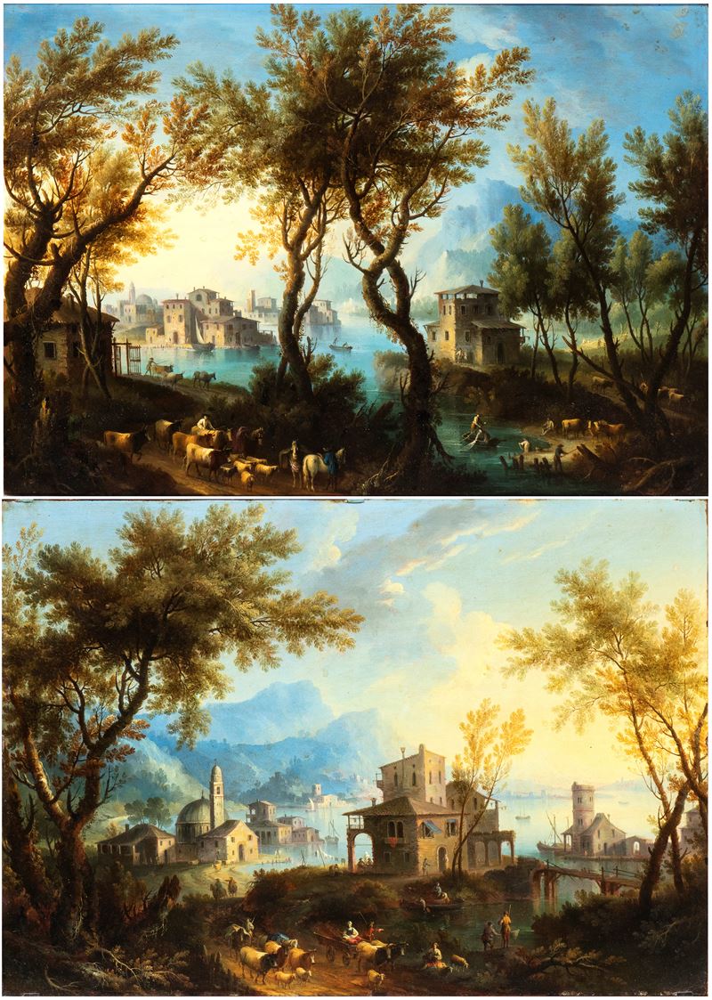 Artista Veneto, XVIII Secolo - A) Paesaggio Lacustre con Armenti e Cittadina sullo Sfondo; B) Pae...