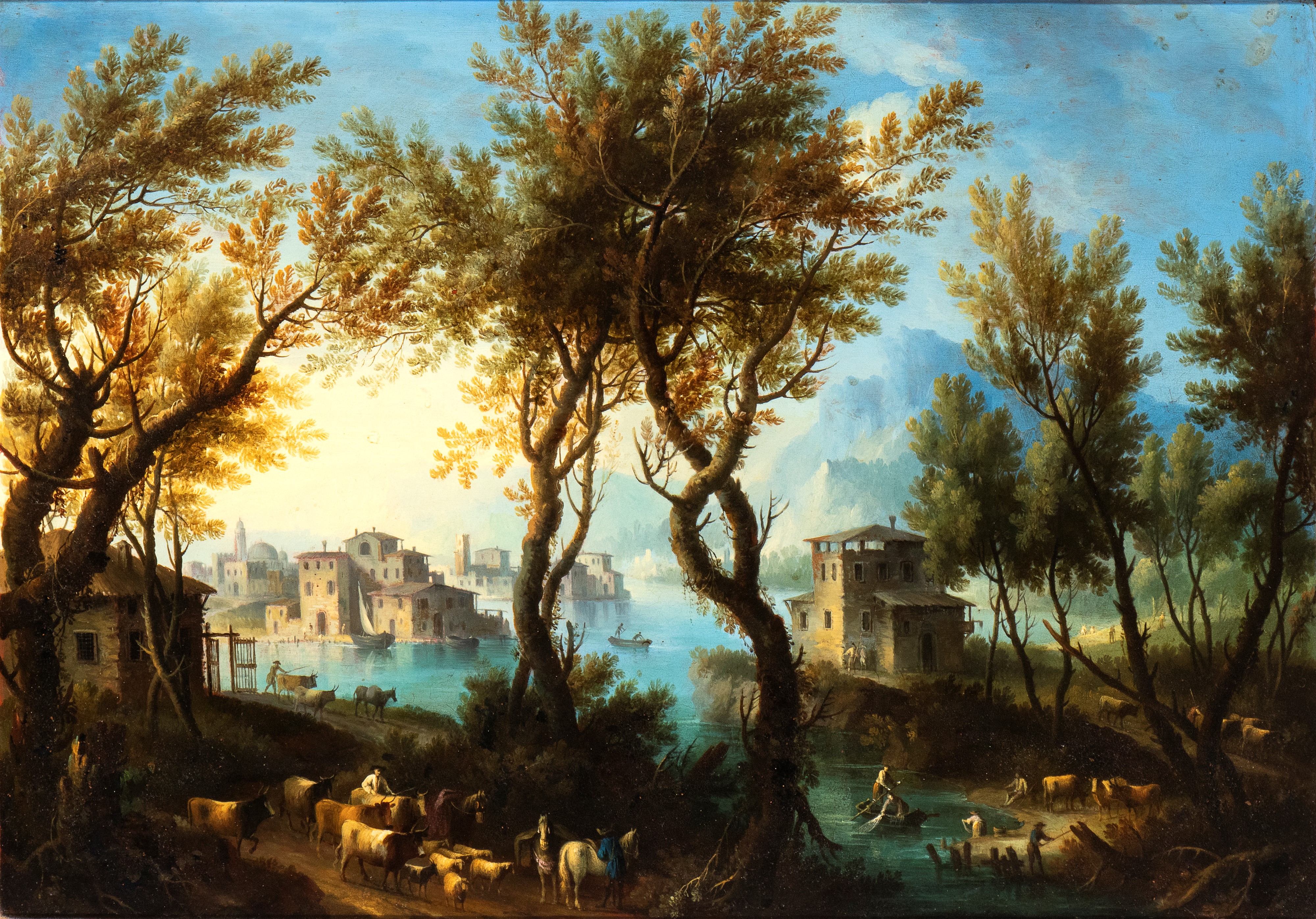 Artista Veneto, XVIII Secolo - A) Paesaggio Lacustre con Armenti e Cittadina sullo Sfondo; B) Pae...