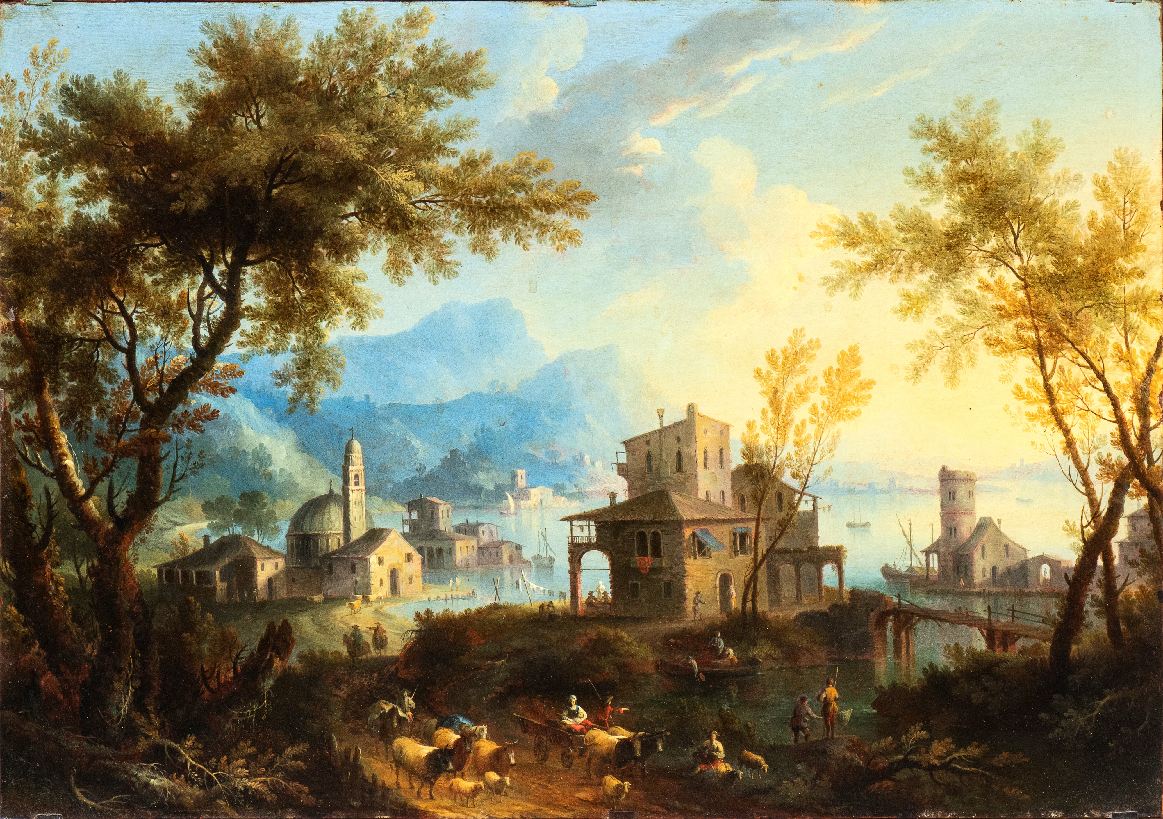 Artista Veneto, XVIII Secolo - A) Paesaggio Lacustre con Armenti e Cittadina sullo Sfondo; B) Pae...