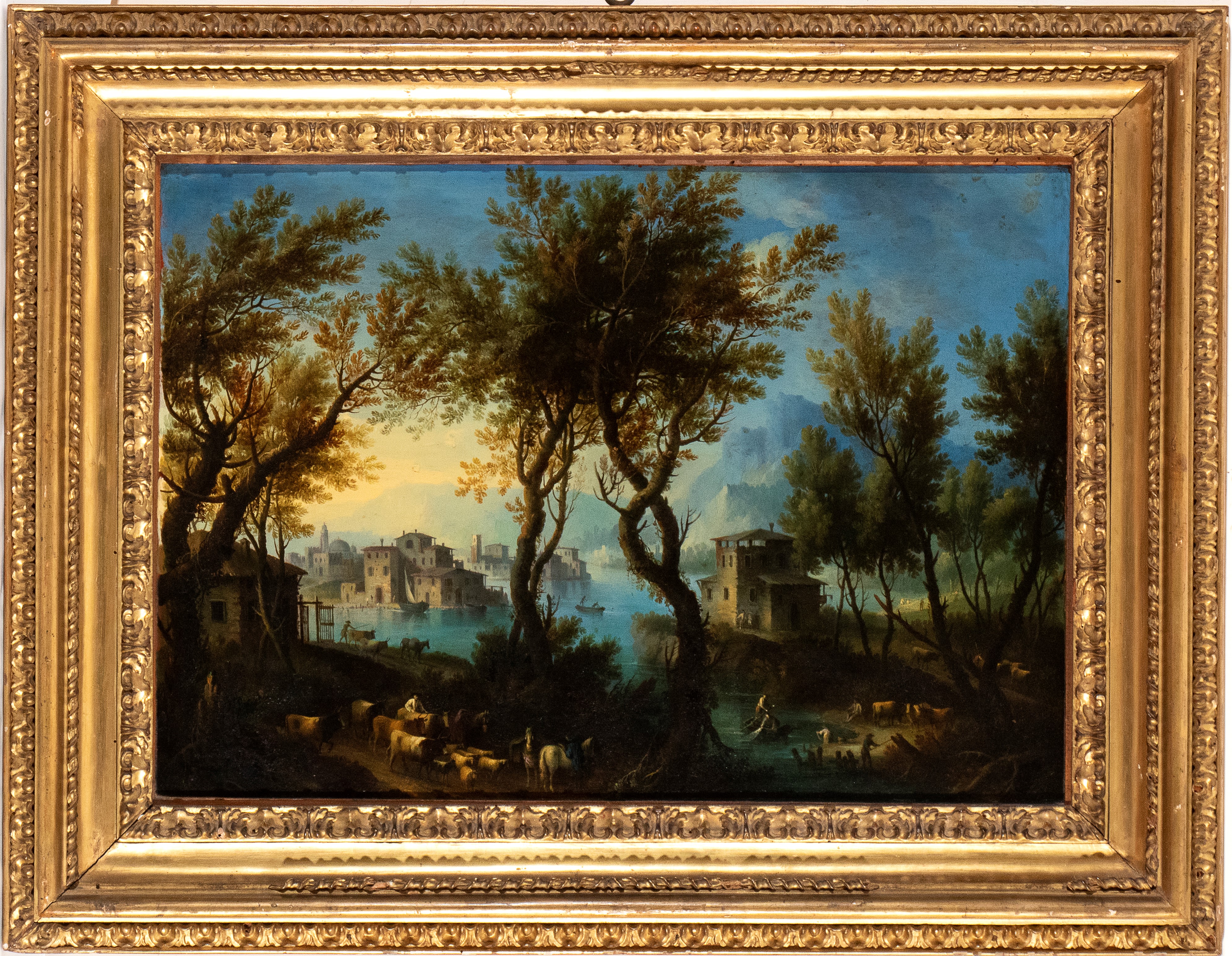 Artista Veneto, XVIII Secolo - A) Paesaggio Lacustre con Armenti e Cittadina sullo Sfondo; B) Pae...