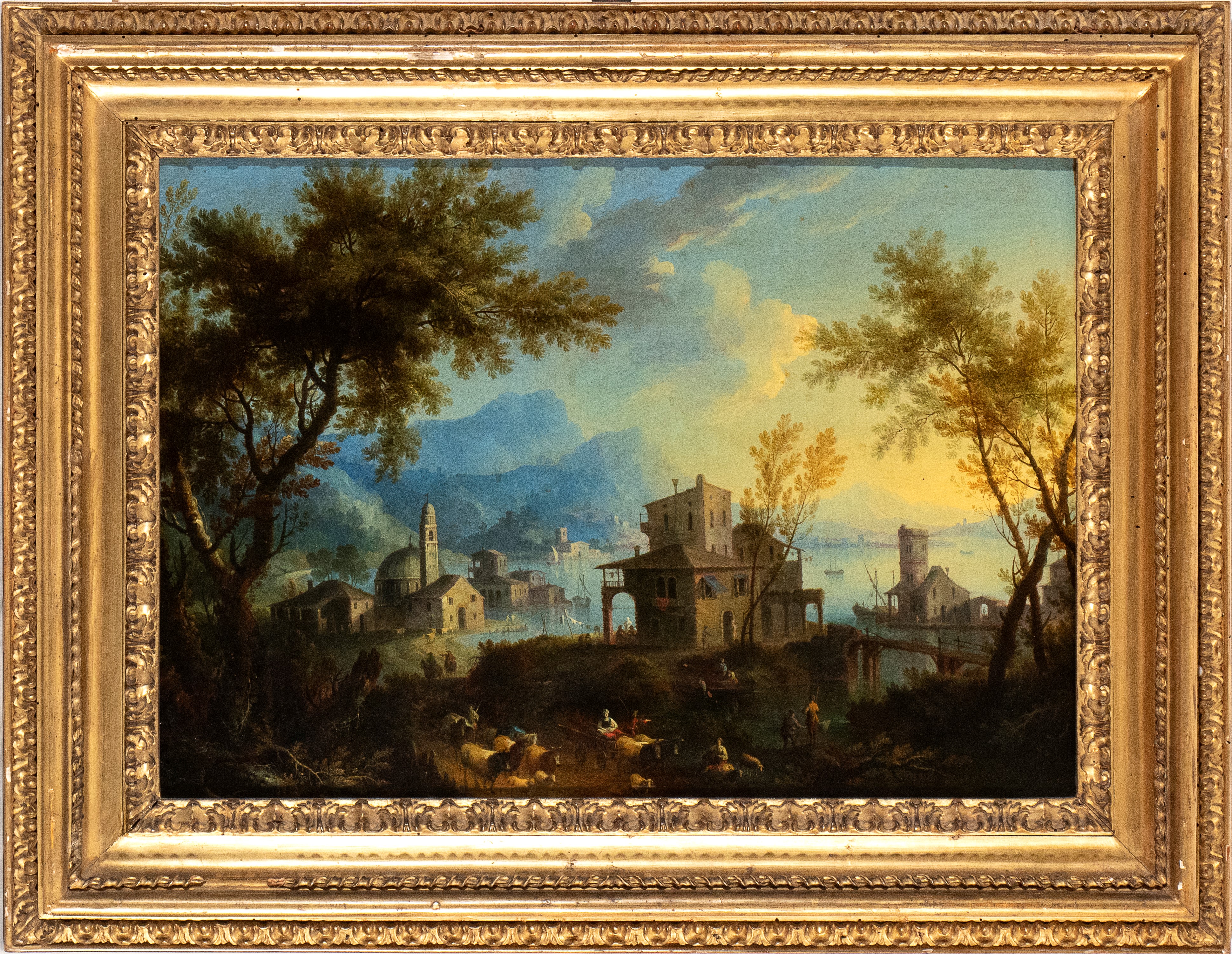 Artista Veneto, XVIII Secolo - A) Paesaggio Lacustre con Armenti e Cittadina sullo Sfondo; B) Pae...