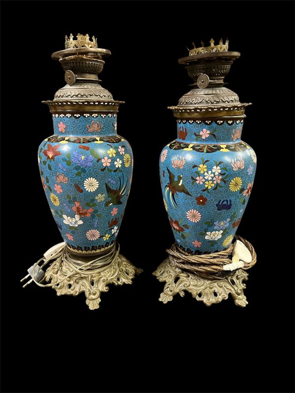 Pair of French cloisonné enamel lamps