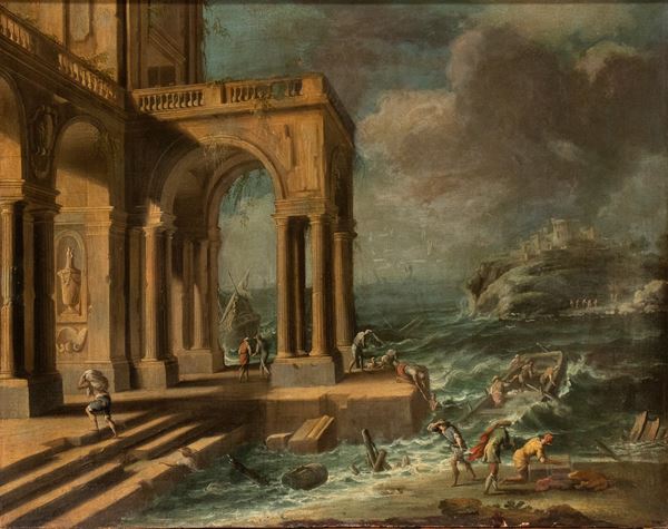 Alberto Carlieri - Coastal capriccio with stormy marina, building with portico, boats and figures