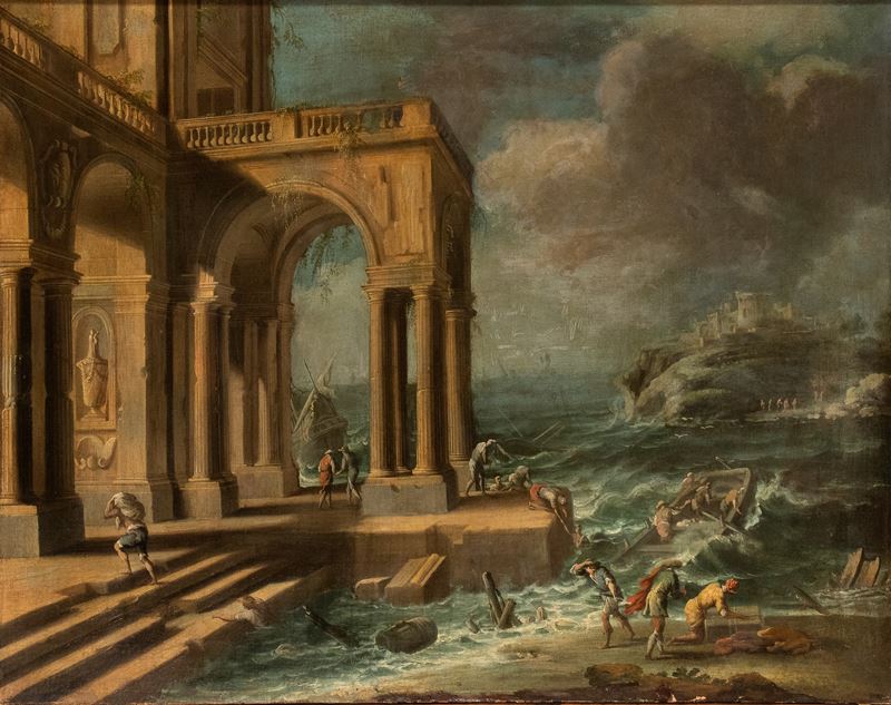 Artista Attivo a Roma, Prima Metà XVIII Secolo - Capriccio Costiero con Marina in Tempesta, Edifi...