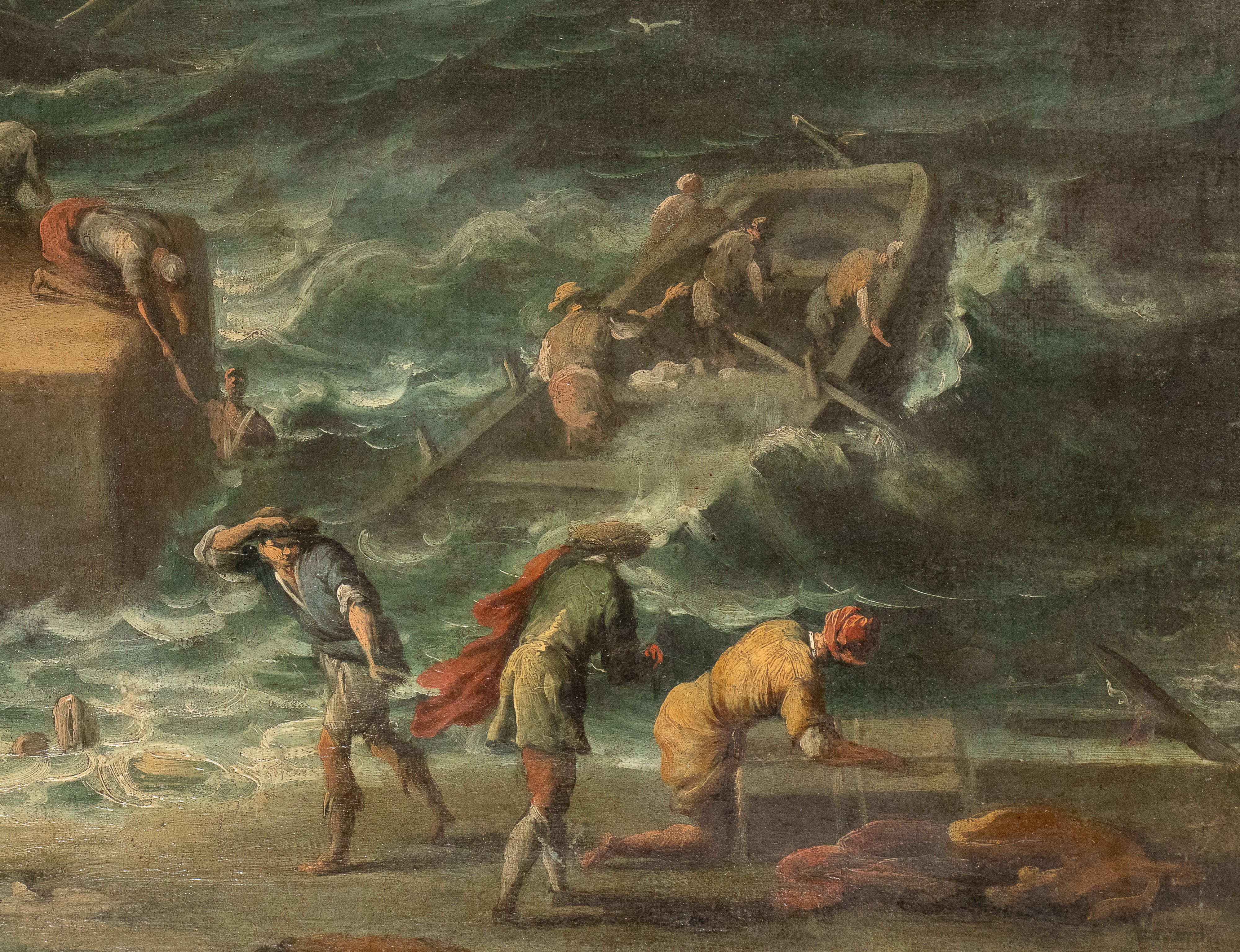 Capriccio costiero con marina in tempesta, edificio con portico, imbarcazioni e figure