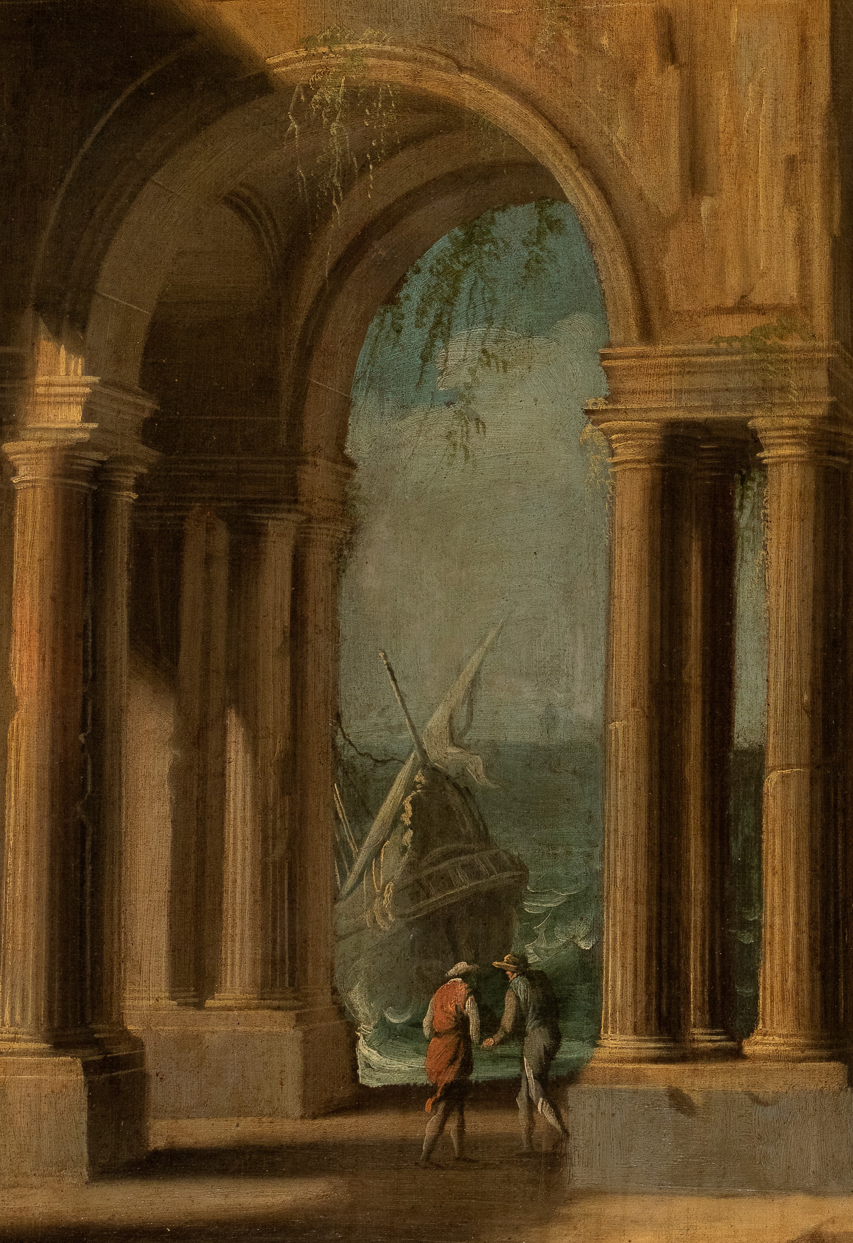 Capriccio costiero con marina in tempesta, edificio con portico, imbarcazioni e figure