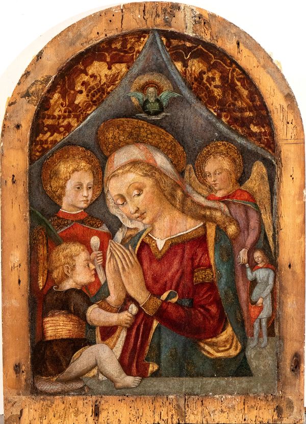 Neri di Bicci - Adoration of the Child with Virgin, Saint, angel and patron