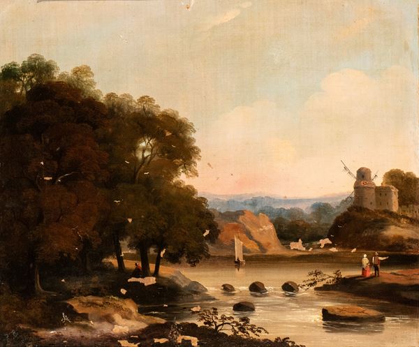 Nicolas-Sebastien  Frost&#233; - Landscape with watercourse, mill in the background and figures