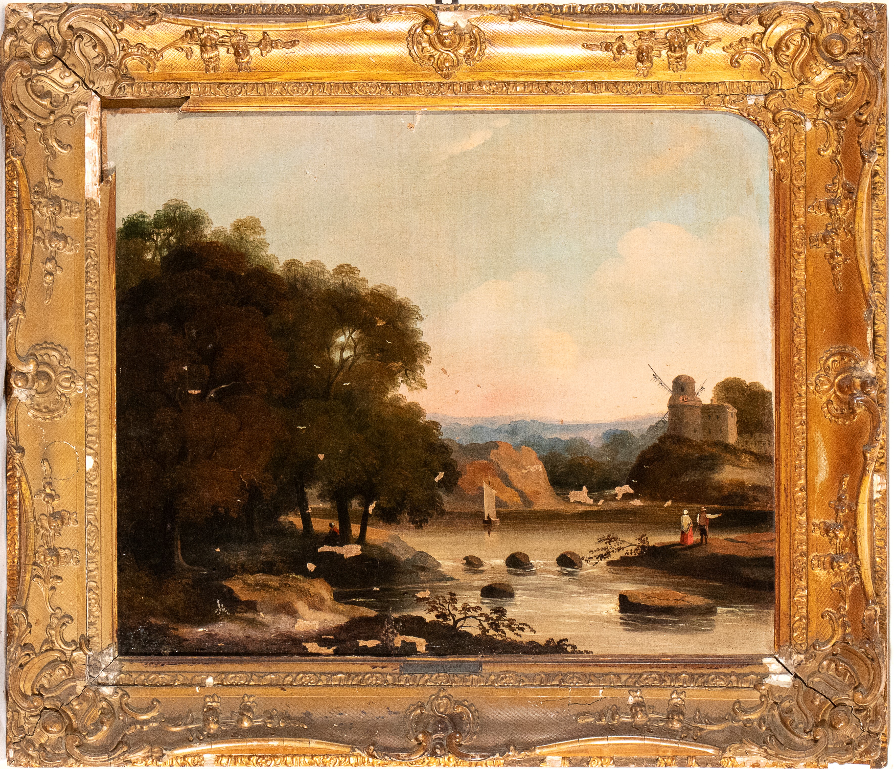 Paesaggio con corso d'acqua, mulino sullo sfondo e figure