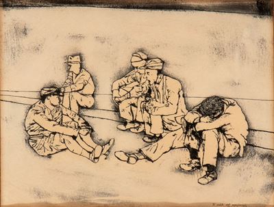 Il cortile del manicomio, tecnica mista su carta