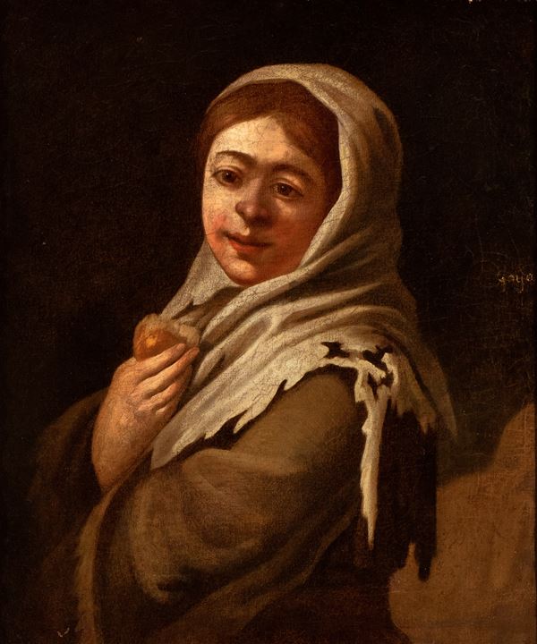 Artista fiammingo, XVIII secolo - Portrait of a young peasant girl with fruit