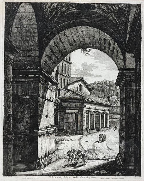 Luigi Rossini : Veduta dell'Interno dell'Arco di Giano  (1820)  - Asta Opere su carta. Stampe, disegni, foto d'epoca - Bertolami Fine Art - Casa d'Aste