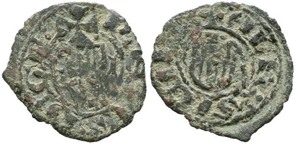 MESSINA. REGNO DI SICILIA. Alfonso D'Aragona (1416-1458). Denario ribattuto con doppio scudo. Mir 227 var; Cu; 0,5gr; RRR