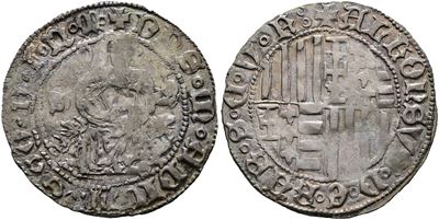 Alfonso I d'Aragona, Carlino S. Mir 54/6, Regno di Napoli (1442-1458), Ag, 3,55 gr, qBB
