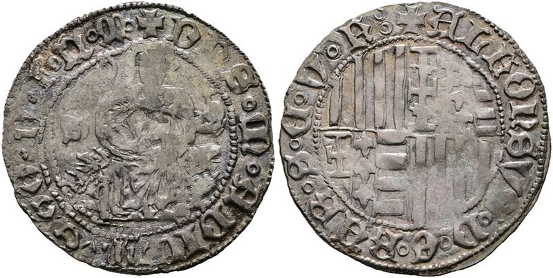 Alfonso I d'Aragona, Carlino S. Mir 54/6, Regno di Napoli (1442-1458), Ag, 3,55 gr, qBB