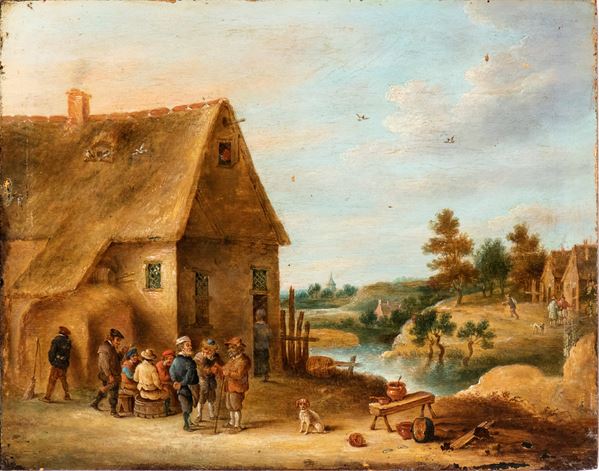 David Teniers Teniers Il Giovane - Landscape with watercourse and farmers in front of a farmhouse